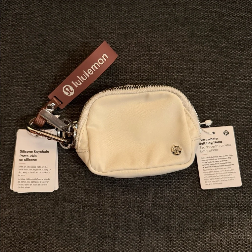 Lululemon Cream Silicone Keychain and nano belt bag set new